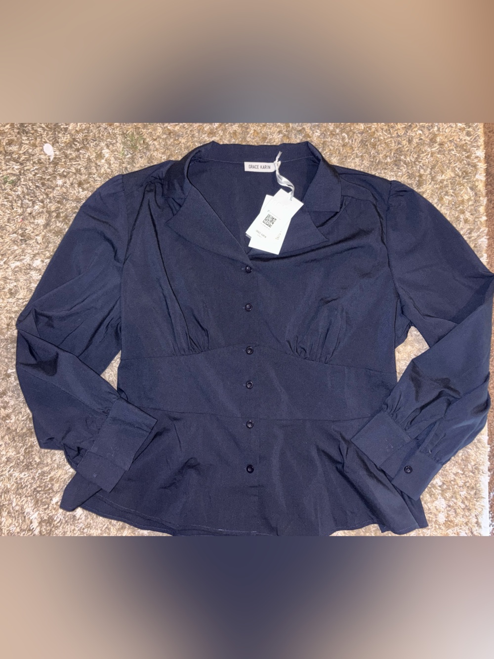 Grace Karin Black Corset Waist Puff Sleeve Button Blouse